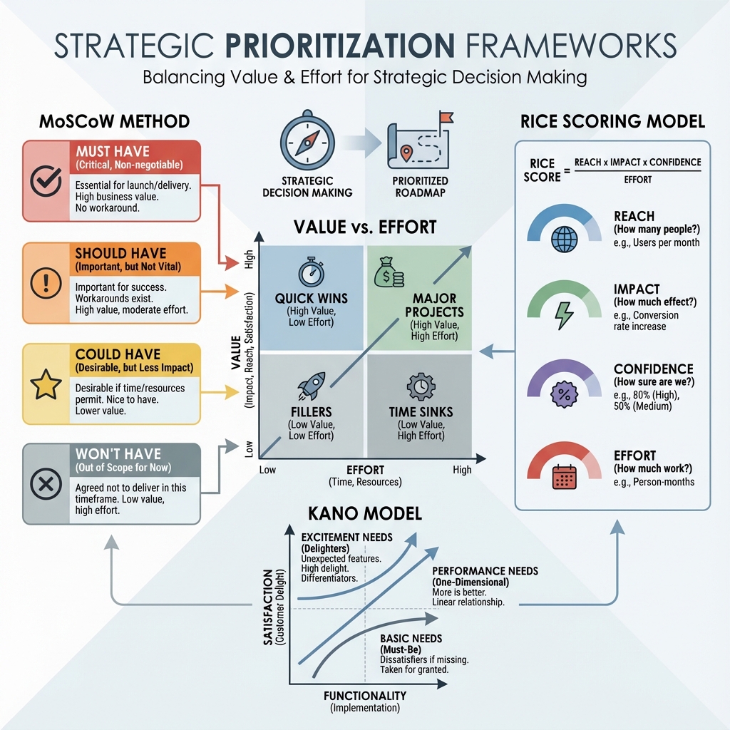 Prioritization Frameworks: MoSCoW, RICE, and Kano